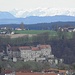 Die Burghausener Burg, dahinter die verschneiten Alpen