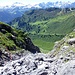 Blick aus der Rinne zurück. Rot eingezeichnet der Abstieg in die Rinne. 