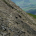 Scree area between elevation 2550 and 2600 m - view back. The unmarked trail is easily visible.