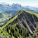 Chli Horn im Vordergrund. Man steigt links von den Felsen ein und steigt in weglosem, ausgesetzten Gelände über die steilen Hänge hoch und später auf dem ausgesetzten Grat auf den Gipfel.