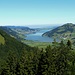 Was für ein Tag. Sihlsee und in der Ferne der Zürichsee. Links mit Baumgrenze am Grat der Charenstock.