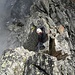 The crux move on the Färichhorn summit tower.