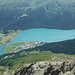 Silvaplana - view from the summit of Piz Albana.<br />There was a lot of kite surfing activity on the Silvaplana lake.