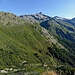Blick vom Alplighorn zur Restialp. Darüber das Hockenhorn. Schwach sichtbar ist auch der Lötschenpass-Höhenweg und der dortige Zickzack-Abstieg.