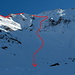 W-Flanke von Nitzel: links Aufstiegsroute über den NW-Grat, in der Mitte Abfahrtsroute 