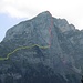 Lila = Zustiegsversuch via Brünneliplanggen und Band, Gelb = Zustieg vom Ochsenfeld her, Rot = Kletterroute