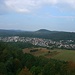 Die Stadt Dahn liegt eingebettet zwischen bewaldeten Hügeln.