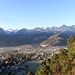 Blick aus der Gondelbahn auf einen Teil der Alpenstadt Bludenz und in das Brandner-Tal