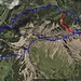 Meine GPS Aufzeichnung mit Erklärungen. 1. das ist die ungefähre Route vom Normalweg ins Tal vom Ochsenkopf nach Sassförkle, 2. das ist die Route die man wählen sollte in Richtung Bettlerjöchle, 3. das ist meine Umgehung der Felswände nach dem Ochsenkopf, 4. das ist meine falsch gewählte Route über die Fels- und Geröllrinnen zum Bettlerjöchle.