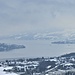 Es fängt wieder an zu schneien. Der Zürichsee mit der Halbinsel Au rechts und den beiden Fähren Horgen-Meilen.
