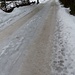 Das erste Straßenstück: eine einzige Eisbahn. <br />Ich hab 6- Zacker- Grödeln dabei. Aber mit den Schneeschuhen würd' s natürlich auch gehen.
