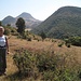 Margit im vulkanischen Gipfelbereich des Menagesha auf ca. 2800 m ü NN. Der Kegel im Hintergrund ist ca. 3300 m hoch.