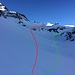 Ca. bei 2250m im Ducantal: grün eingezeichnet ist die offizielle Skiroute via Hungerbüel, rot eingezeichnet ist die Route, auf der man wegen günstigen Verhältnissen den NW-Hang des Hoch Ducans queren und direkt zum Ducangletscher aufsteigen konnte.