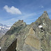 Vor der Abseilstelle im E-Grat: vorne die Gruppe der 3 Nadeln, rechts der E-Gipfel, in der Mitte der W-Gipfel und links Agassiz- und Finsteraarhorn