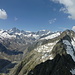 Panorama vom W-Gipfel: zusätzlich zu jenem vom E-Gipfel (siehe dort) sind nun auch der mächtige Unteraargletscher und neben dem Bächli- der Hienderstock sichtbar