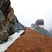 Bergstation Felskinn, 2989 m<br />Durch das weitere Abtauen des Gletschers zu verhindern wurde ein Teil der Trasse mit Holzspänen bedeckt