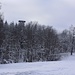 Der Turm auf dem Gipfel vom Gaiziņkalns taucht hinter dem Wald auf. 