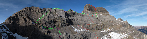 Grün die Route vom letzten Mal. Rot unsere heutige Route. Und Cyan unser Ausflug auf der Suche nach einem direkteren Aufstieg. (Besser sichtbar in [http://f.hikr.org/files/2469529.jpg Originalgrösse])