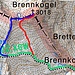 blau = mit Steinmänner markierter Aufstiegsweg<br />rot = Abkürzung, die auch im Aufstieg möglich ist