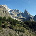 Ein erster Blick zum Mont Blanc und zur Intégrale de Peutérey aus dem Val Veny