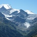 Bishorn, ganz klein direkt unter dem Wasserfall die Turtmannhütte, Stierberg und Turtmanngletscher