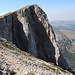 Im Aufstieg zum Kom Vasojevićki - Blick zum Gipfel, wo eine größere Gruppe zu erahnen ist. Der Schlussaufstieg führt gleich über die Wiese nahe der beeindruckenden Abbrüche. 