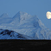 Der Mond bei der Einbruch der Dämmerung beim Svartifoss Aussichtspunkt