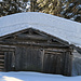 eine mit Schnee schwer beladene Hütte am Wegrand, rechts aussen auf dem Dach liegt etwa 1.5 Meter Schnee.