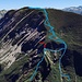 Aufstiegsroute nach P.1771, gescheitert am oberen Ende des Fixseils, Abrutsch auf dem Abstieg in blau-rot
