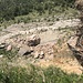 Tiefblick an der (senkrechten bis überhängenden) Kante zu Zeugen des neuen Bergsturzes