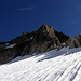 Der Gipfel und der Südgrat des Gletschhorns. Die Abseipiste ist direkt nebem Südsporn (Südgrat).