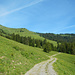 Die Oberbruderthanalpe bereits im Sichtfeld folgt man nach der Unterbruderthanalpe noch dem Alpweg hinüber bis zum nächsten Geländerücken.