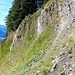 am Ende des Grats quert man unter der Felswand nach links, steigt vorsichtig ein paar Meter ab und hält auf die Rinne am rechten Rand zu