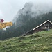 Wegzeichen - und schön geschmückte Alp auf Holzmattenläger