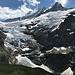 Abschlussblick von der Glecksteinhütte zum Ende des Oberen Grindelwaldgletschers (es besteht keine Verbindung mehr zum tieferen "Rest") und Schreckhorn