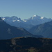 Aussicht vom Pic Chaussy zum Massif du Montblanc: links Aiguille Verte und Les Drus, rechts der Mont Blanc über den Aiguilles de Chamonix
