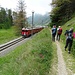 Beim Abstieg von der Alp Grüm begegnen wir immer wieder der Berninabahn.