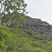 Die felsigen Pfadspuren rechts unten im Bild zeigen den Weiterweg, darüber ist das Massiv des West Peak der Trois Mamelles zu sehen.