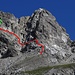 Routenskizze Gipfelaufbau Kreuzkarspitze, Rot die Linie im Aufstieg, Grün eine Variante im Abstieg (leichter, aber heikler).