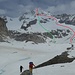 53 Soviel zum Thema, den Oberaletschgletscher abzufahren. Rot die Skitour. Grün, die von uns gewählte "Abfahrt", nur am Bruch mußten wir kurz die Skier abschnallen.