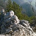 Blick zurück auf die längere Kletterpassage mit dem Kamin, der Aufstieg befindet sich aus dieser Perspektive rechts der Felsblöcke.