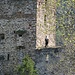 Bloss nicht zuschauen! Ein Arbeiter platziert in luftiger Höhe einen neuen Balken auf der Burgmauer