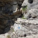 Vom Schartl zwischen Hund und Felsaufschwung zu den Chläbdächern aus geht man wenige Schritte waagrecht links der Felswand bis zu einem weiteren blauen Punkt. Er markiert den Einstieg in den Aufstieg. 