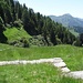 Zurück bei Giggio. Im Bild sind zwei Wege zu sehen. Der untere wäre der offizielle Wanderweg nach der Alpe di Giumello. Wegen umgestürzter Bäume ist er aber gesperrt. Man muss den oberen, längeren Weg nehmen.