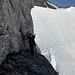 Im Aufstieg zur Steinerscharte - Über ein Band (bzw. eine Rampe) geht's anfangs allmählich bergauf. Auf dem Gletscher sind u. a. auch unsere Spuren aus Richtung Obere Windlucke/Einstieg in den Westgrat-Klettersteig zu erahnen.