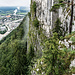  Im Sattel, etwas nach dem ersten Drittel des Abstiegs, kann man neugierdehalber mal rechts rüber zum Abgrund kraxeln und hat eienn tollen Blick auf die senkrecht abfallende Ostwand des Kleinen Barmsteins, sehr beliebt wohl bei Sportkletterern.