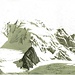 Piz Scercscen in Bildmitte mit dem vorgelagerten felsigen Piz Umur, Paul Güssfeldt, Alpen, 1877. Rechts die von Güssfeldt und Grass erstmals bestiegene Porta da Roseg. 