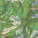 Karte mit der rot eingezeichneten Route der Wanderung. Die besuchten Gipfel(chen) sind gelb unterstrichen.