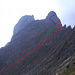 Die NE-Flanke des Gamschopfs: Aufstiegsroute in rot, möglicher Gipfelsturm in blau und Varianten in grün