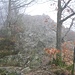 Hier beginnt die Kletterpartie, heute im Nebel. Alternativ kann man immer auf einen Geh-Pfad ausweichen, der links an den Felsen vorbeiführt.